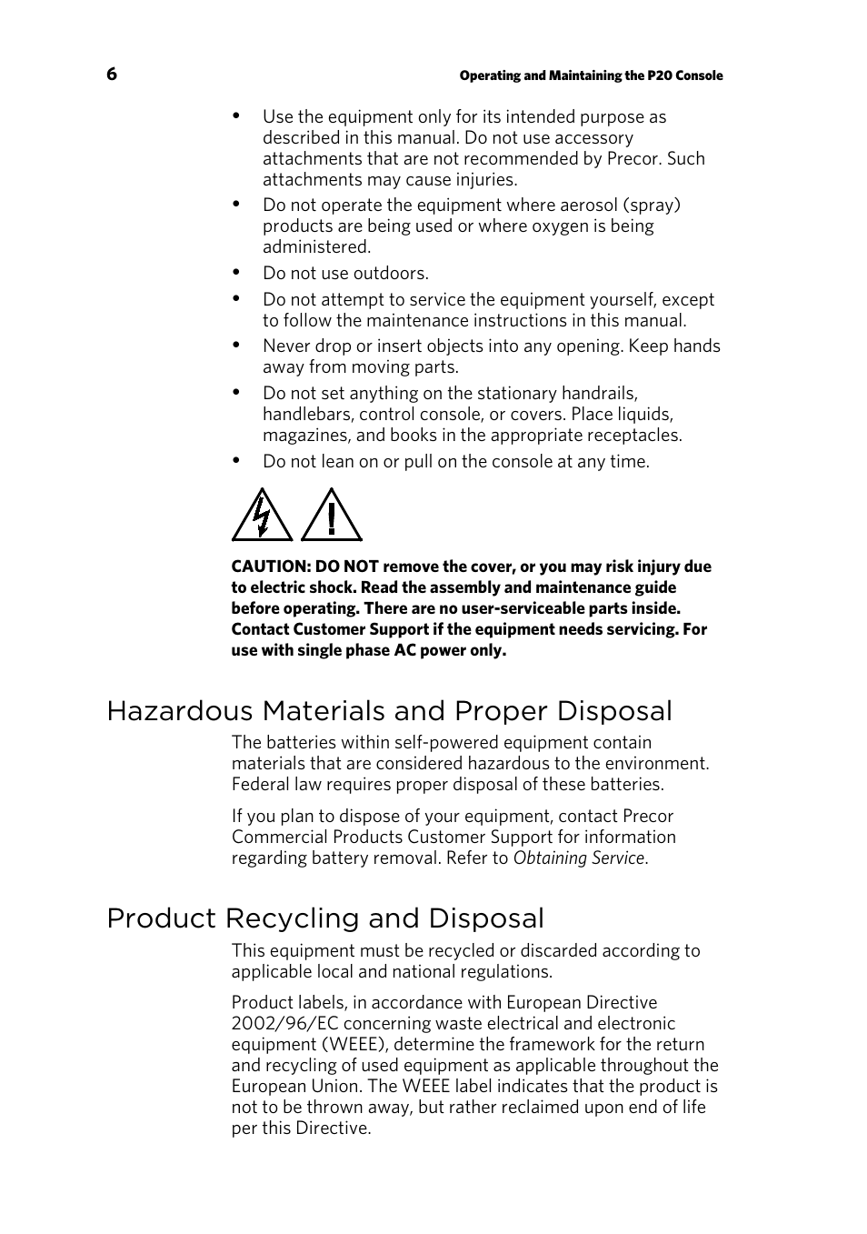 Hazardous materials and proper disposal, Product recycling and disposal | Precor p20 User Manual | Page 8 / 108