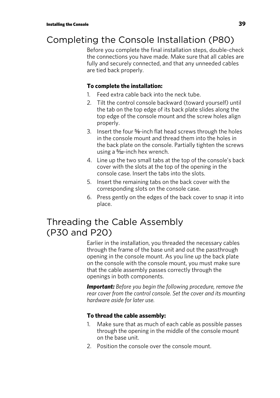 Completing the console installation (p80), Threading the cable assembly (p30 and p20) | Precor p20 User Manual | Page 89 / 108
