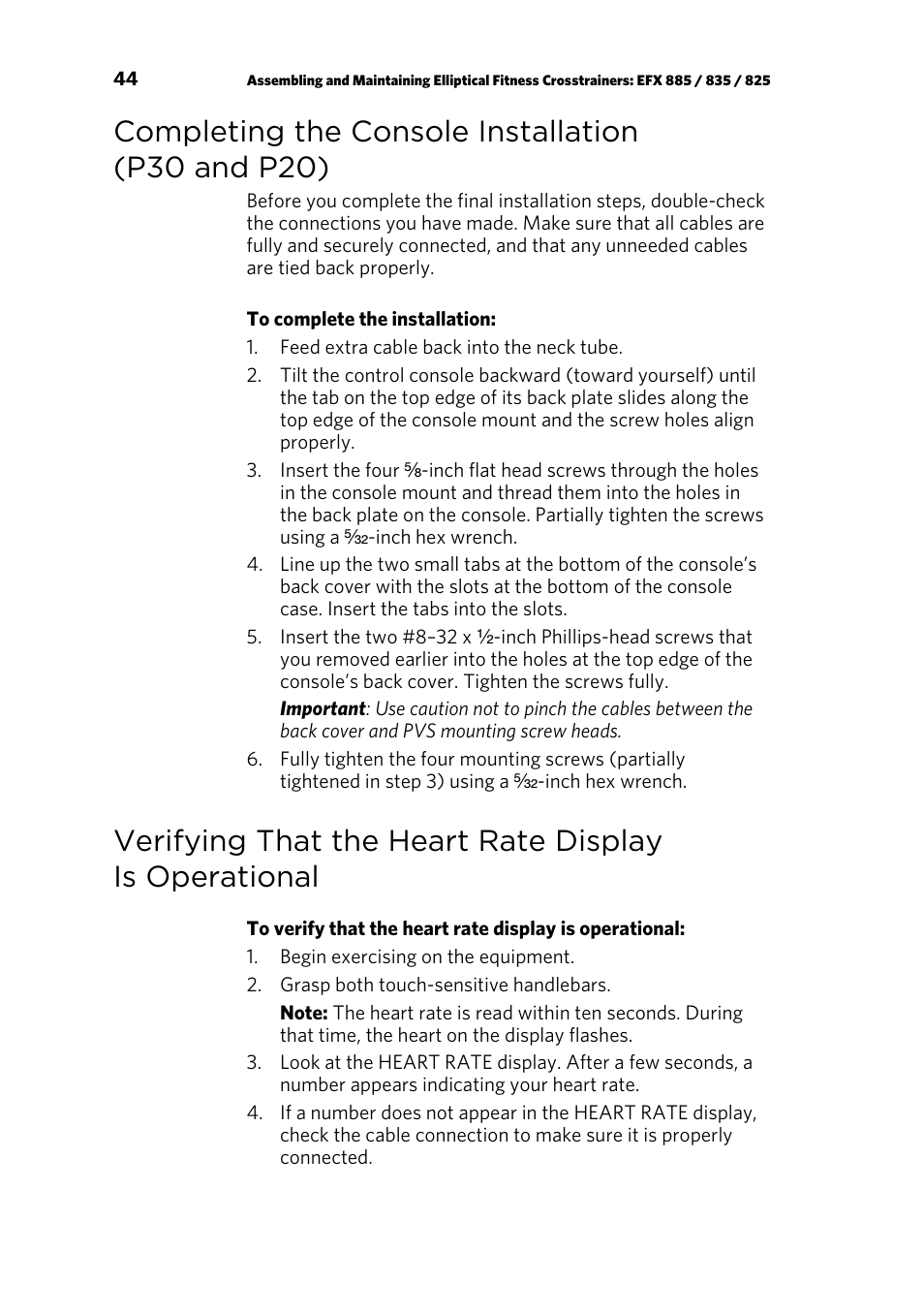 Completing the console installation (p30 and p20) | Precor p20 User Manual | Page 94 / 108