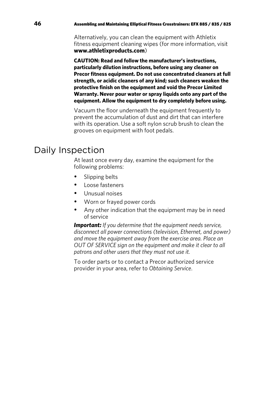 Daily inspection | Precor p20 User Manual | Page 96 / 108