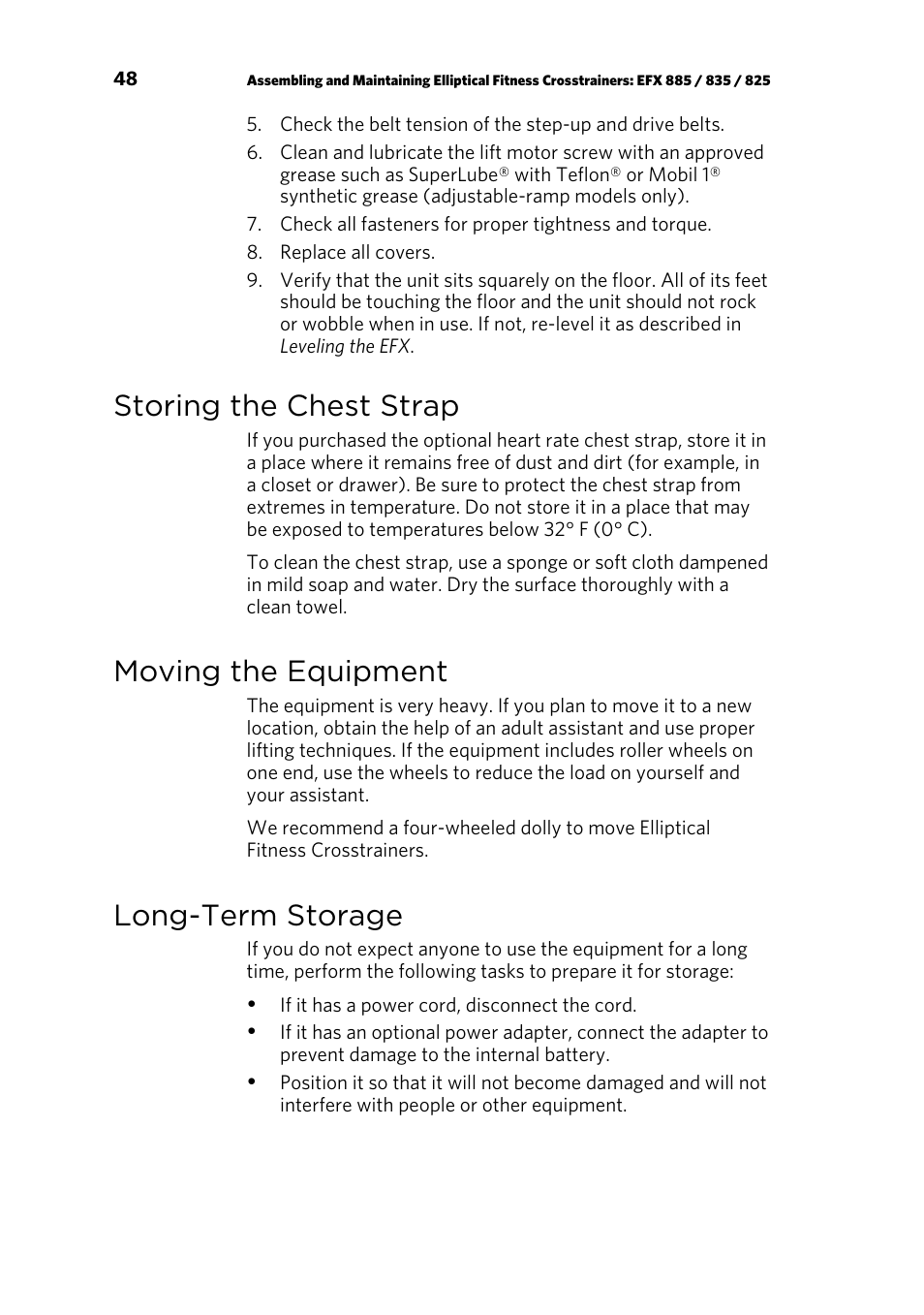 Storing the chest strap, Moving the equipment, Long-term storage | Precor p20 User Manual | Page 98 / 108