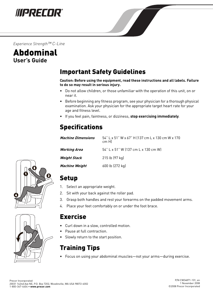Precor EXPERIENCE STRENGTHTM C-LINE CW34871-101 User Manual | 45 pages