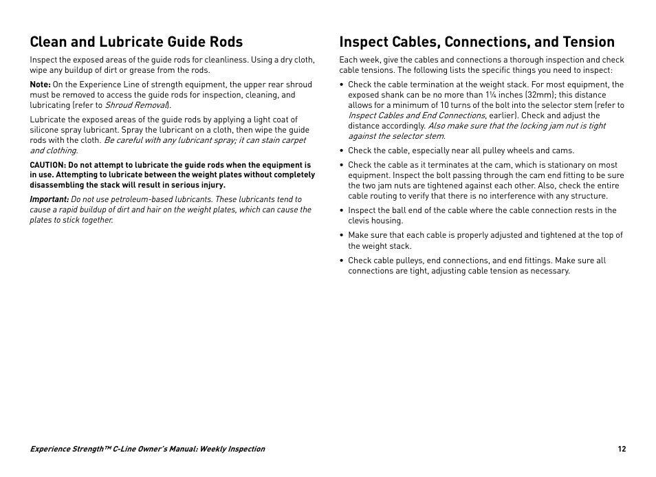 Clean and lubricate guide rods, Inspect cables, connections, and tension | Precor EXPERIENCE STRENGTHTM C-LINE CW34871-101 User Manual | Page 15 / 45