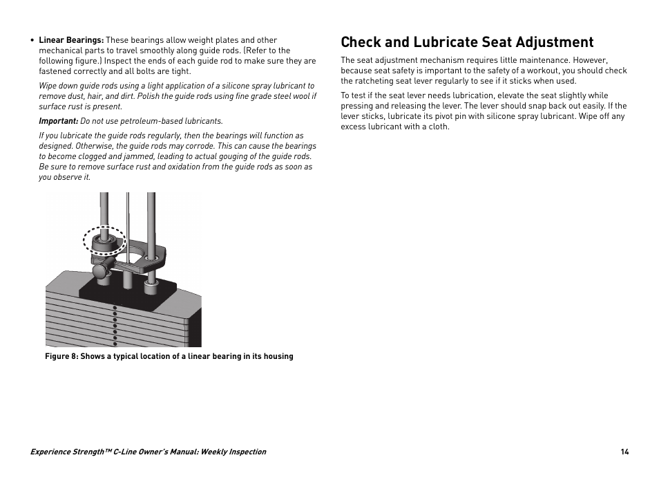 Check and lubricate seat adjustment | Precor EXPERIENCE STRENGTHTM C-LINE CW34871-101 User Manual | Page 17 / 45