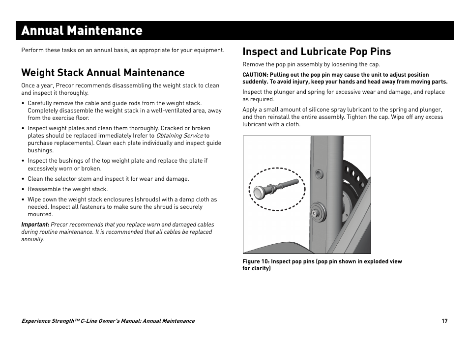 Annual maintenance, Weight stack annual maintenance, Inspect and lubricate pop pins | Precor EXPERIENCE STRENGTHTM C-LINE CW34871-101 User Manual | Page 20 / 45