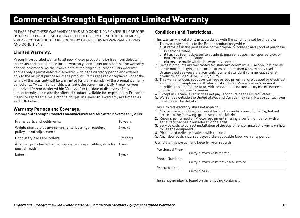 Commercial strength equipment limited warranty | Precor EXPERIENCE STRENGTHTM C-LINE CW34871-101 User Manual | Page 21 / 45