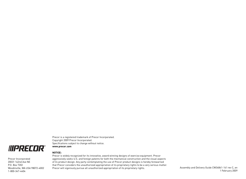 Precor EXPERIENCE STRENGTHTM C-LINE CW34871-101 User Manual | Page 45 / 45