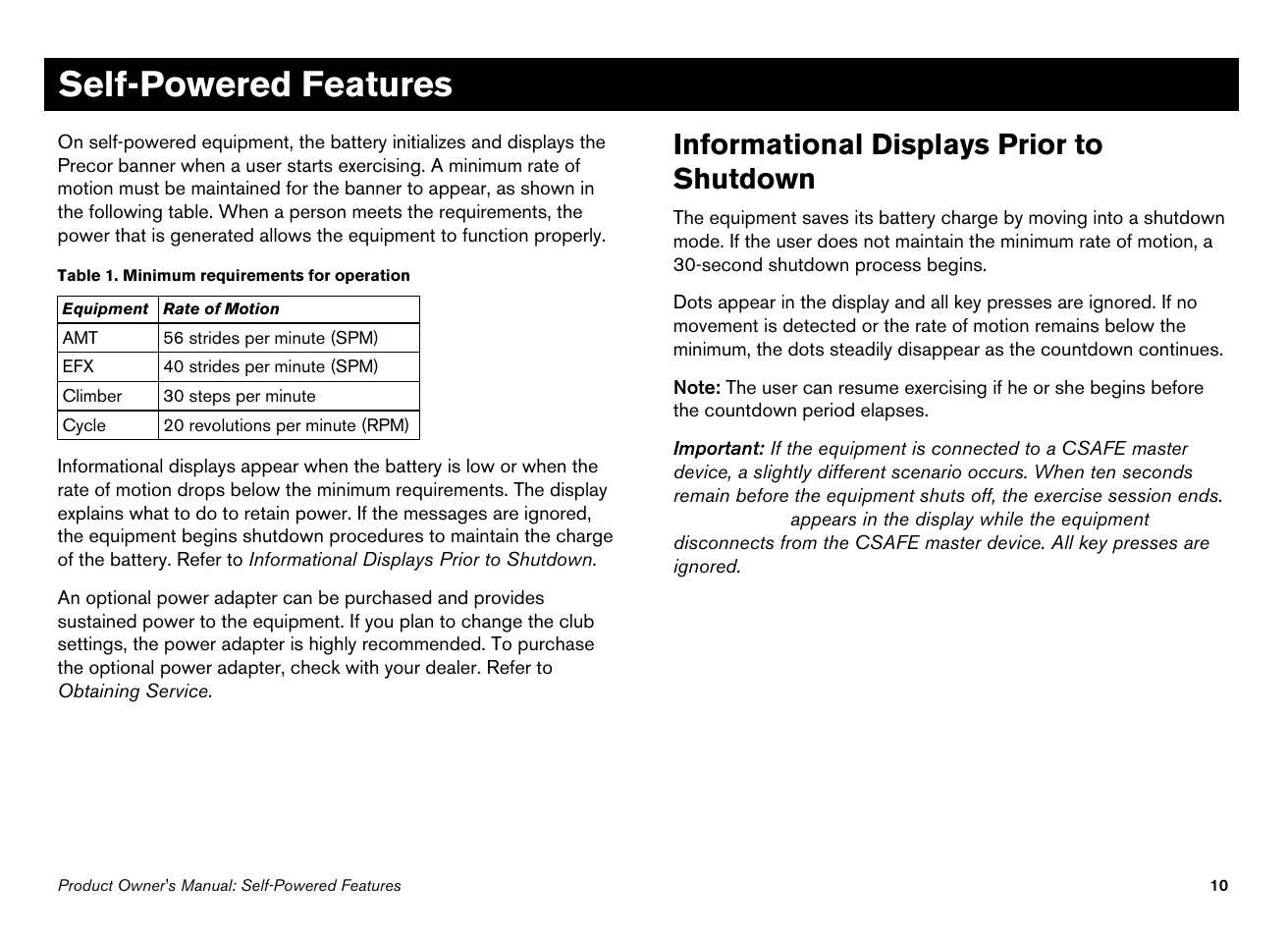 Self-powered features, Informational displays prior to shutdown | Precor 946i User Manual | Page 12 / 101