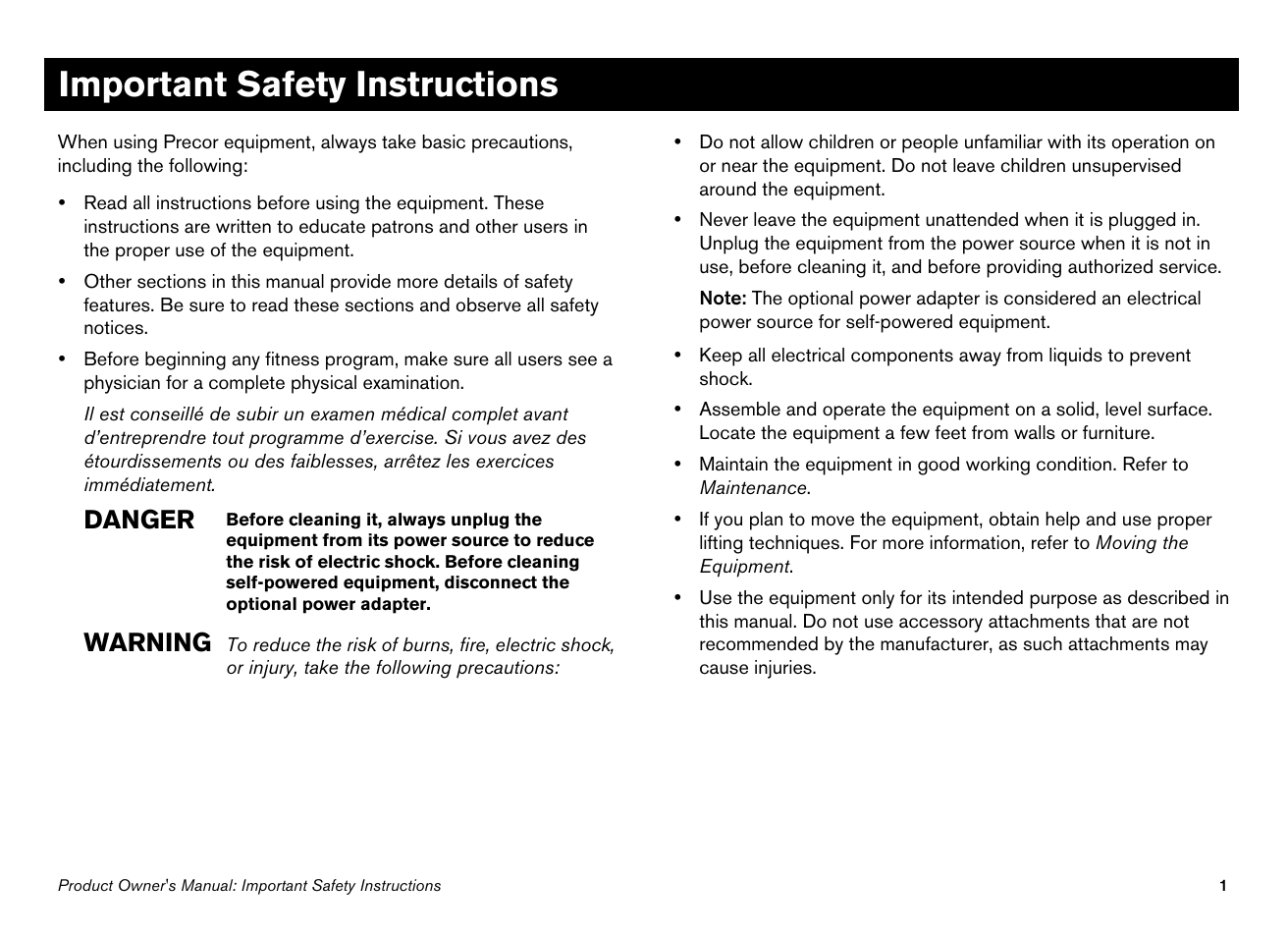 Important safety instructions, Danger, Warning | Precor 946i User Manual | Page 3 / 101