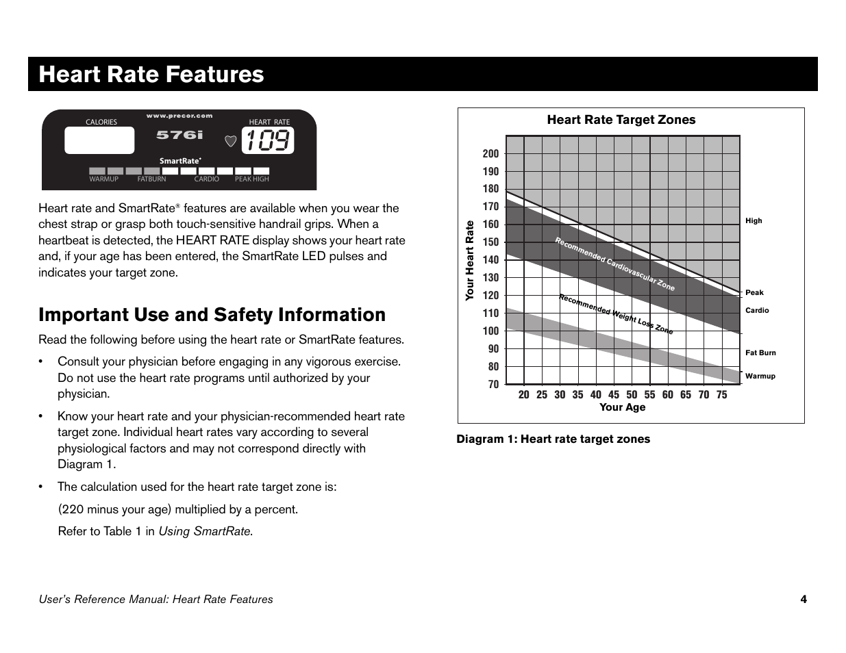 Heart rate features, Important use and safety information | Precor 946i User Manual | Page 53 / 101