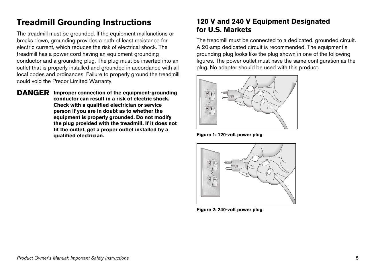 Treadmill grounding instructions, Danger | Precor 946i User Manual | Page 7 / 101