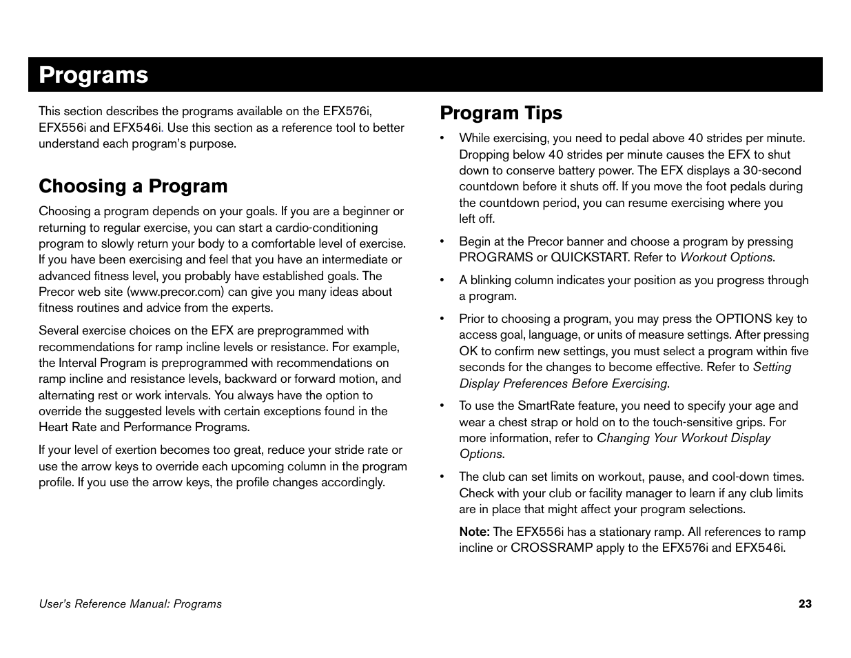 Programs, Choosing a program, Program tips | Choosing a program program tips | Precor 946i User Manual | Page 72 / 101