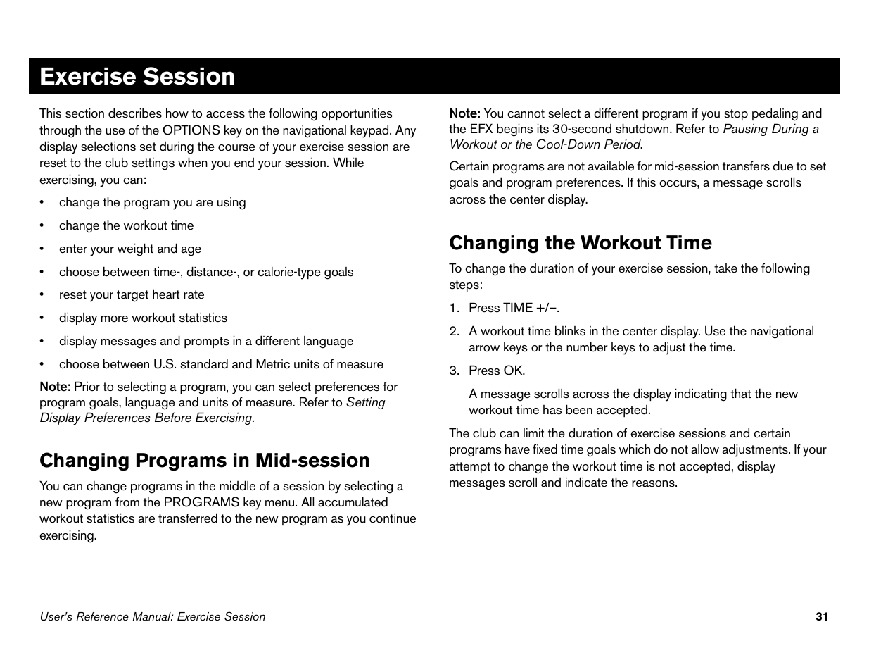 Exercise session, Changing programs in mid-session, Changing the workout time | Precor 946i User Manual | Page 80 / 101