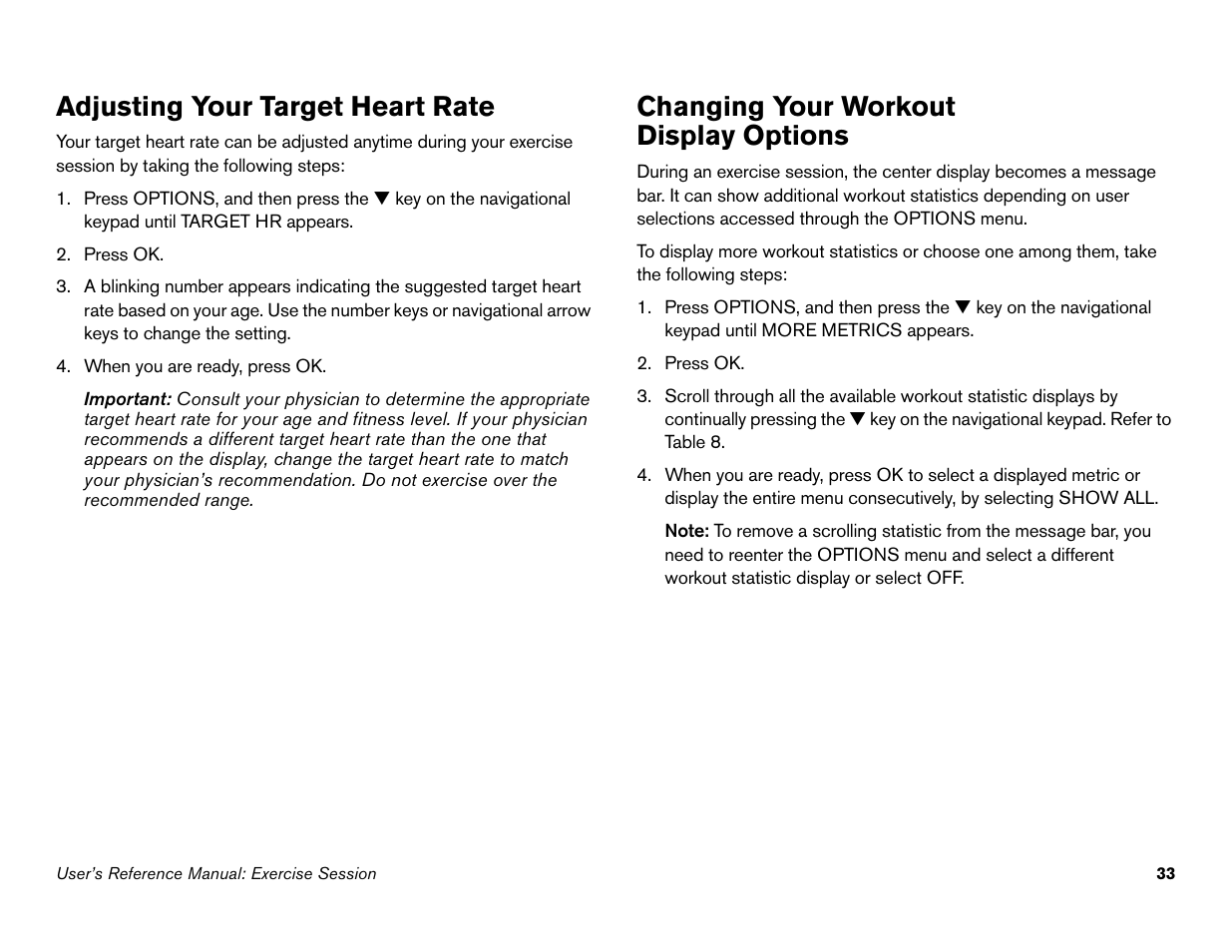 Adjusting your target heart rate, Changing your workout display options | Precor 946i User Manual | Page 82 / 101