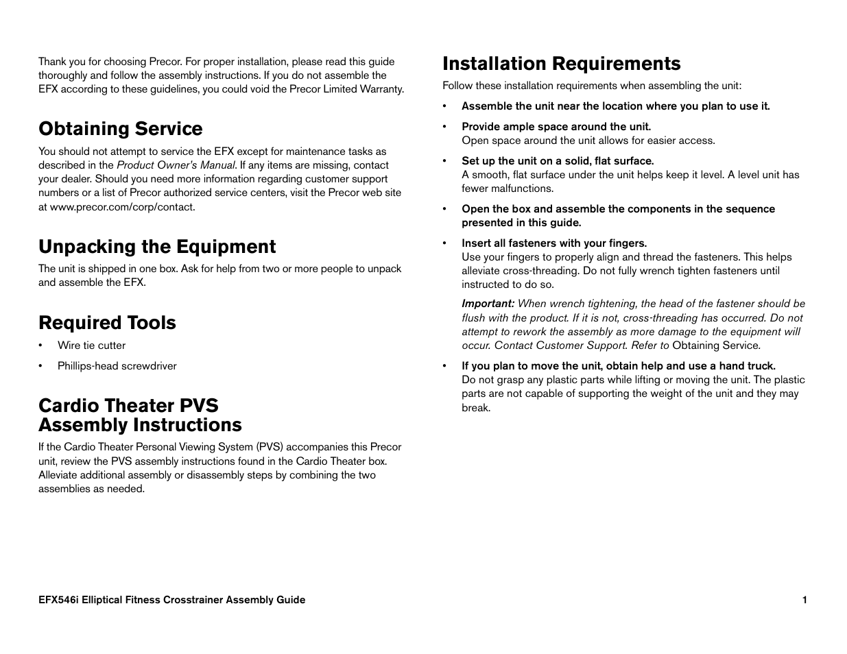 Obtaining service, Unpacking the equipment, Required tools | Cardio theater pvsassembly instructions, Installation requirements, Cardio theater pvs assembly instructions | Precor 946i User Manual | Page 91 / 101