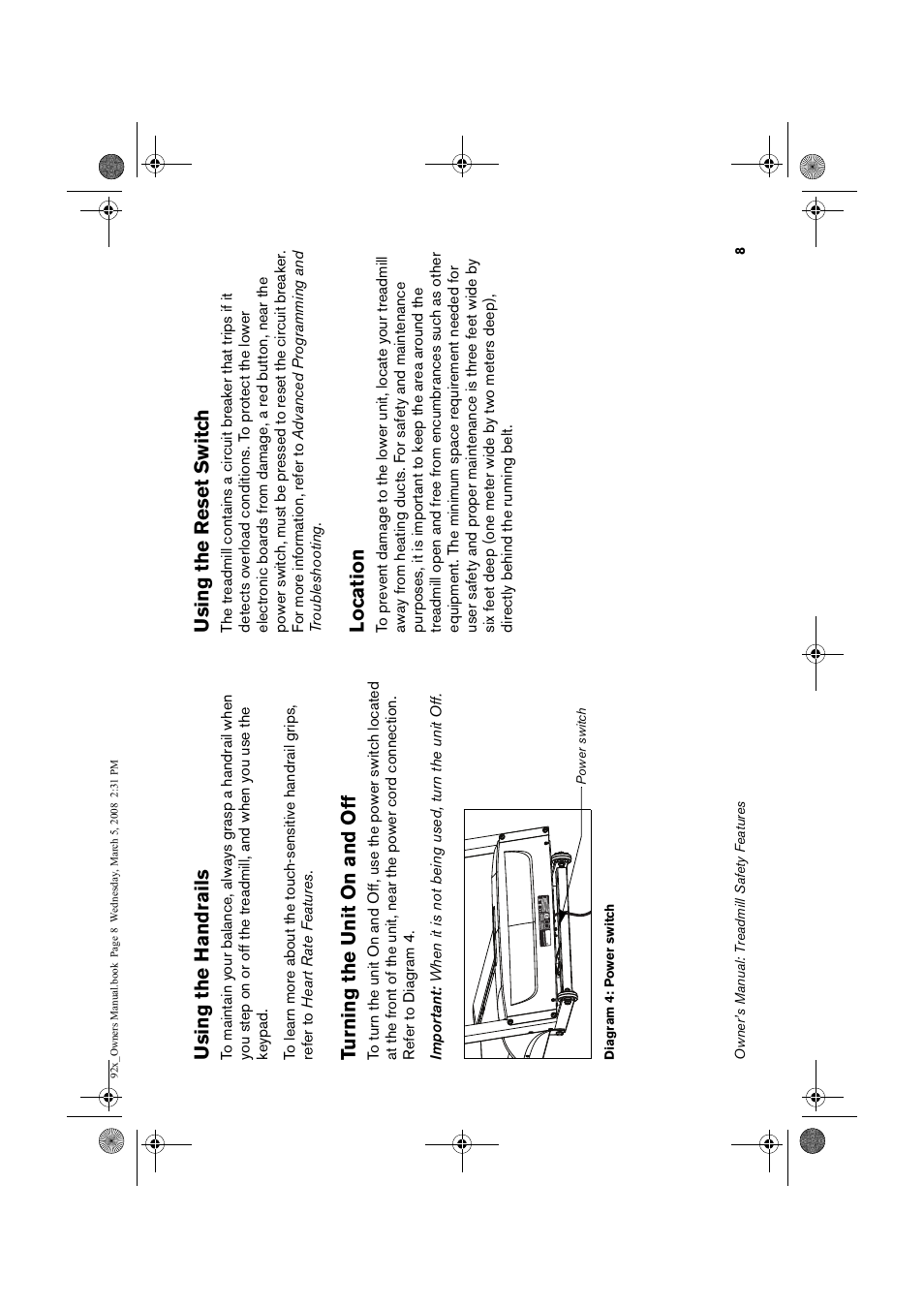 Using the handrails, Turning the, T on | And off, Using the reset, Switch, Location, Tu rning the unit on and off, Using the reset switc h | Precor Low Impact 9.23 User Manual | Page 10 / 53