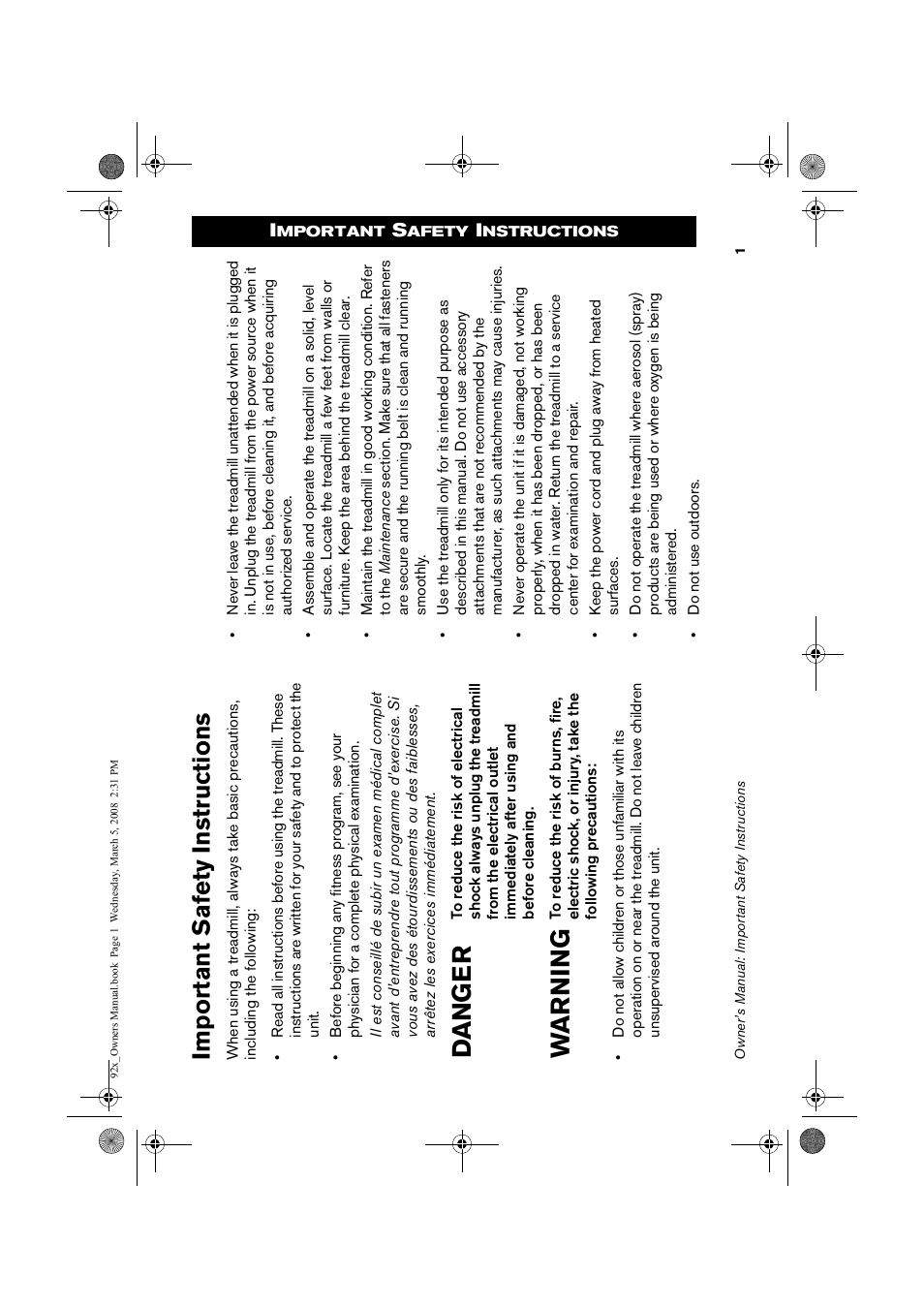 92x_owners manual, Important safety ins tructions | Precor Low Impact 9.23 User Manual | Page 3 / 53