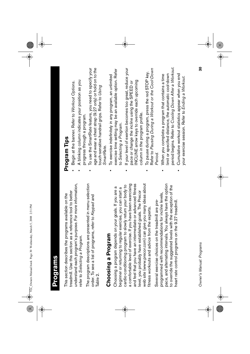 Progra, Sing a, Program tips | Ogra, Programs, Pr o g ra m s, Choosing a p rogram, Prog ram t ips | Precor Low Impact 9.23 User Manual | Page 32 / 53