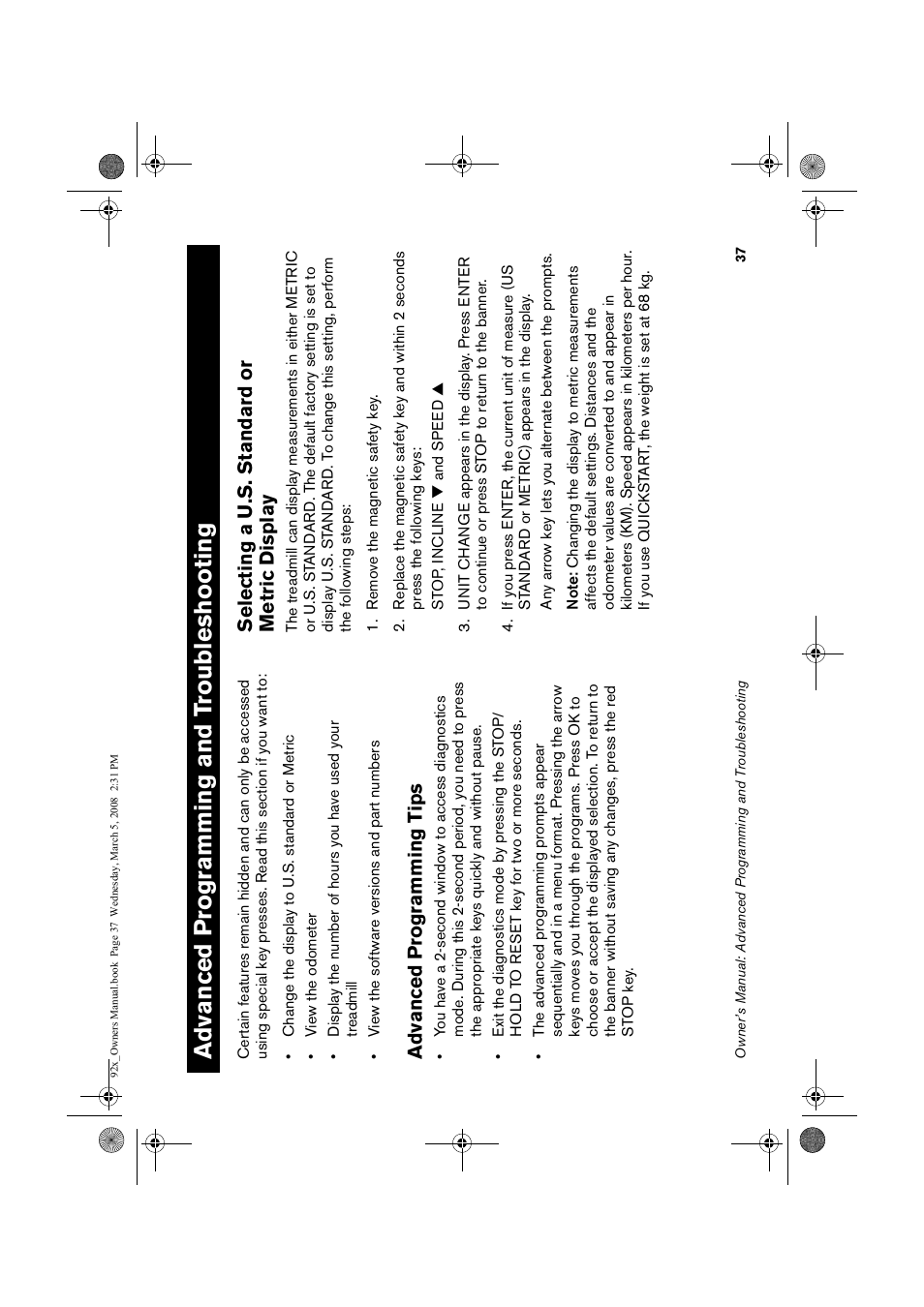 Adva, Nced, Ramm | G an, D tro, Lesho, Advanced programming tips, Selecting, Standard, Or metric | Precor Low Impact 9.23 User Manual | Page 39 / 53