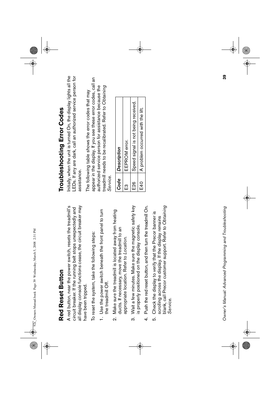 Red reset button, Troubleshoo, G error c | Odes, Troubleshooting error codes | Precor Low Impact 9.23 User Manual | Page 41 / 53