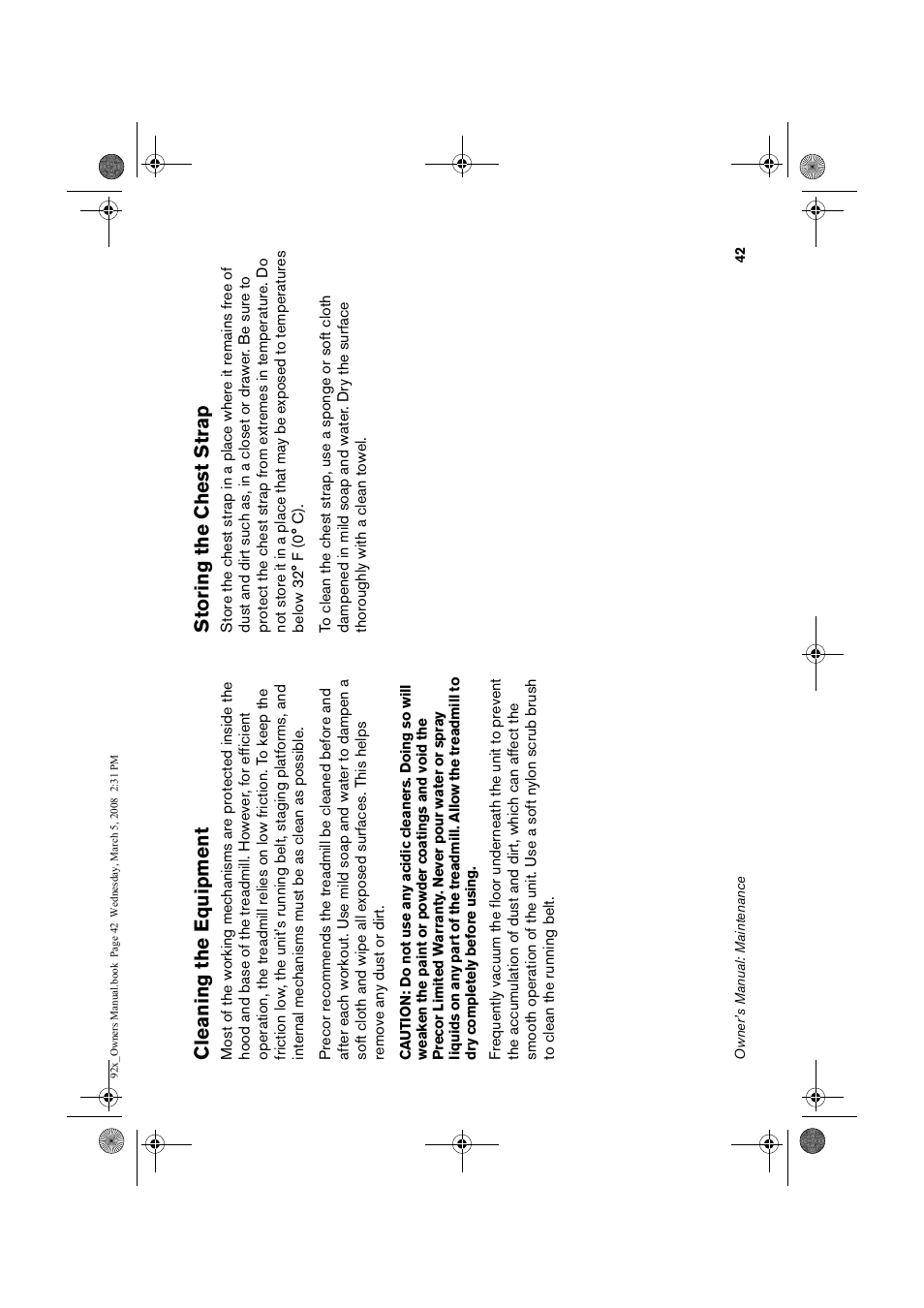 Cleaning, Equi, Pment | Ring the chest, Strap, Cleaning the equipment, Storing the chest strap | Precor Low Impact 9.23 User Manual | Page 44 / 53