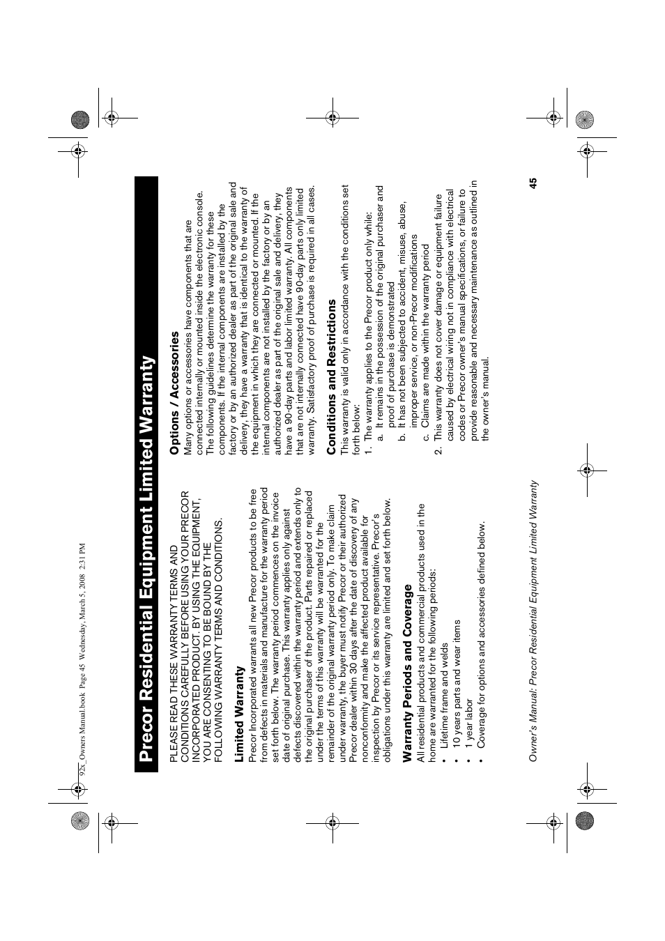 Recor resi, Denti, L equ | Limited w, Rranty, Precor residential equipment limited warranty | Precor Low Impact 9.23 User Manual | Page 47 / 53