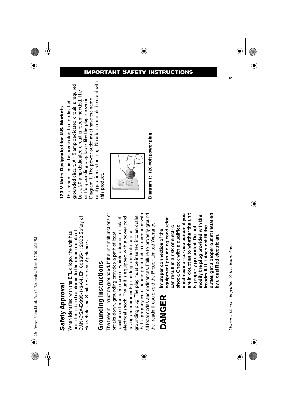 Safe ty a p pr oval, Grounding instructions | Precor Low Impact 9.23 User Manual | Page 5 / 53