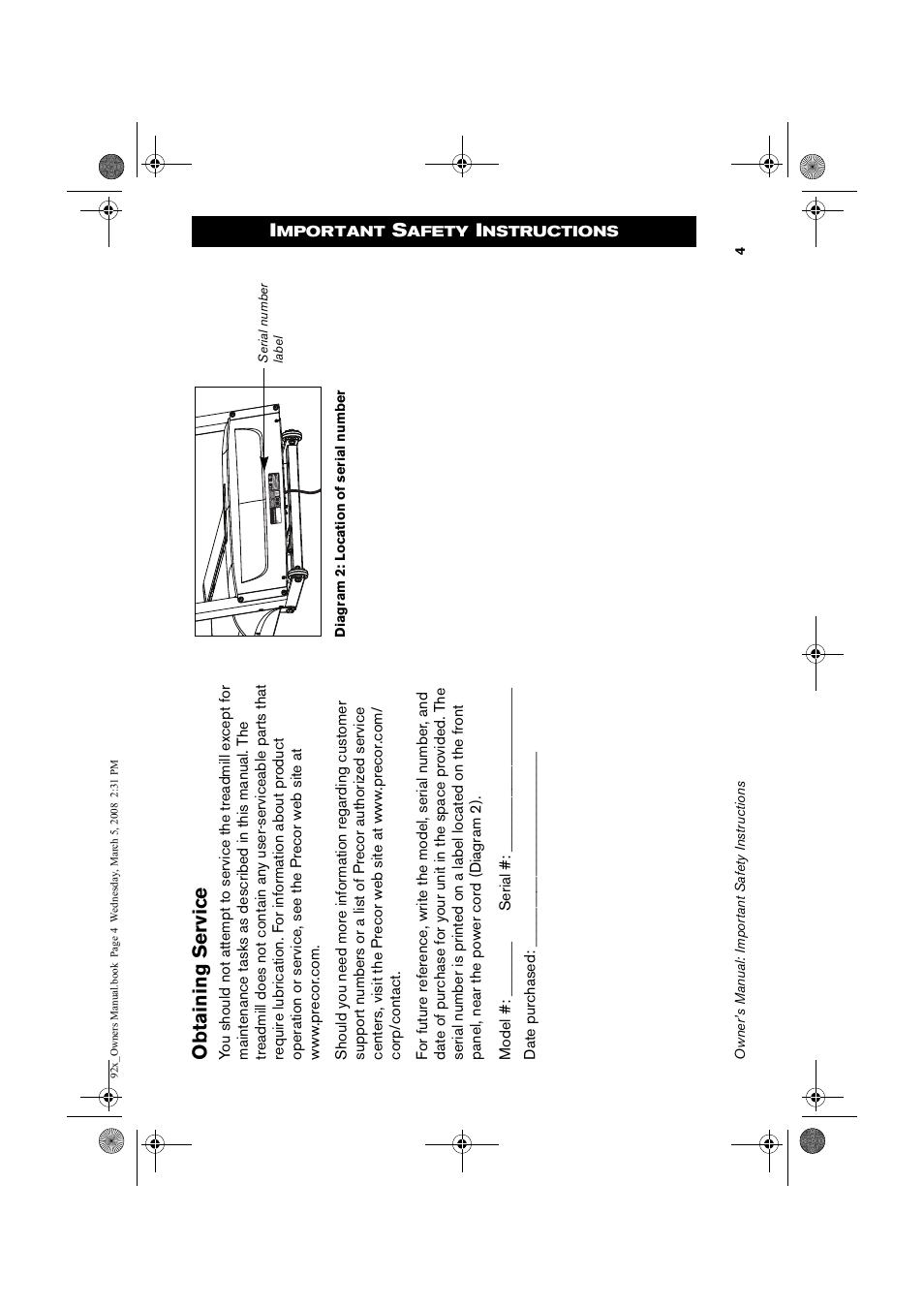 Obtaining se rvice | Precor Low Impact 9.23 User Manual | Page 6 / 53