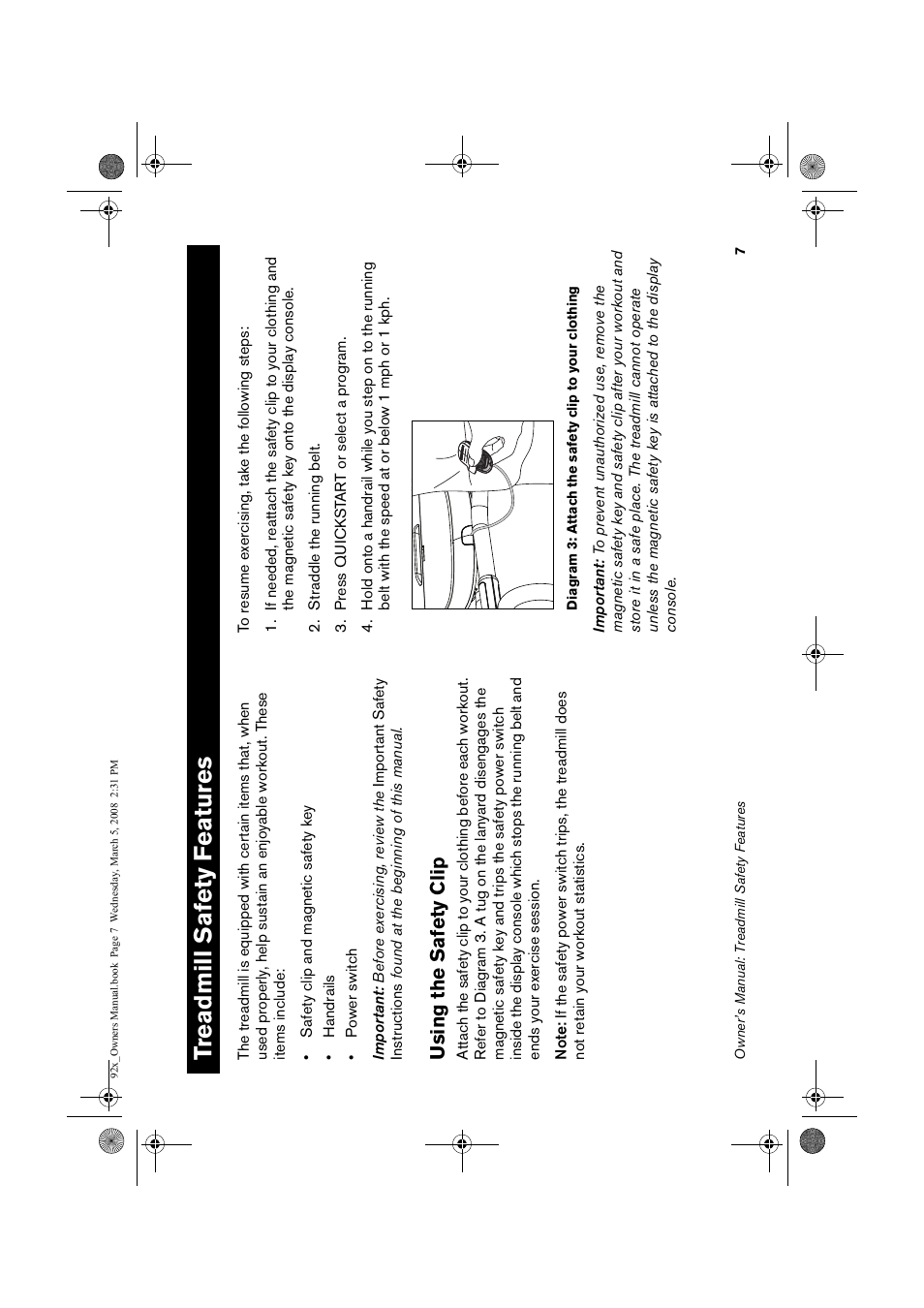 Trea, Ill sa, Fety | Atur, Using the safety, Treadmill safety f eatures, Usi n g the safe ty clip | Precor Low Impact 9.23 User Manual | Page 9 / 53