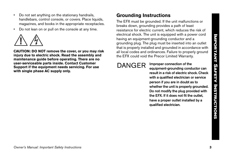 Grounding instructions, Danger | Precor Elliptical Fitness Crosstrainer EFX User Manual | Page 19 / 58