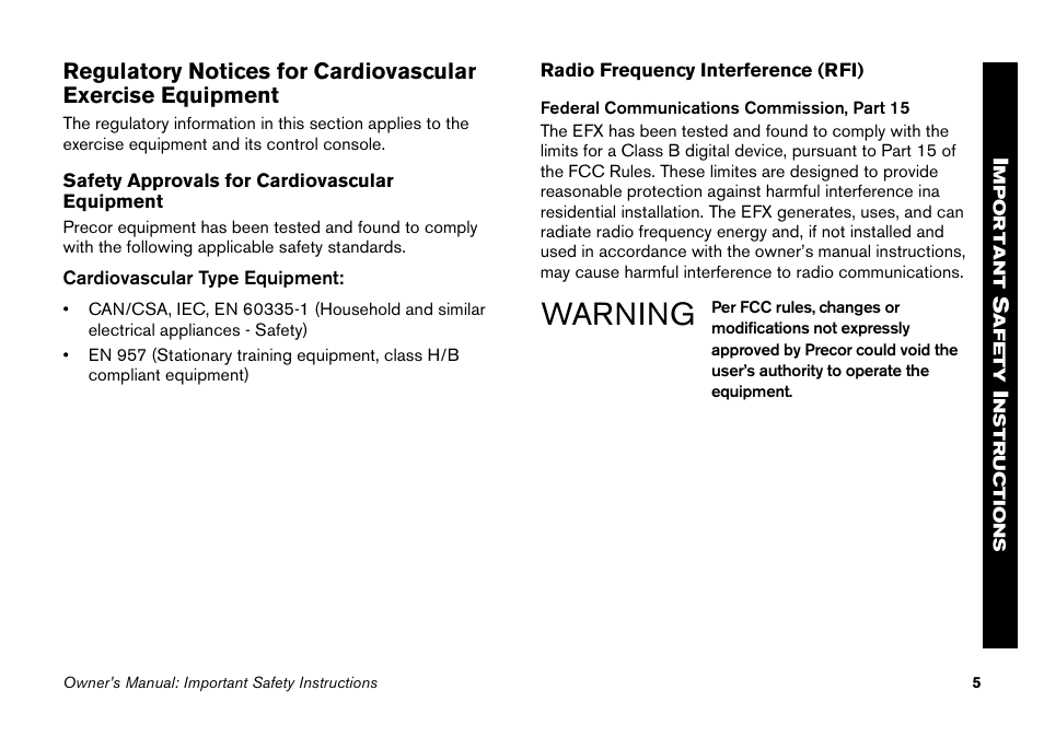 Warning | Precor Elliptical Fitness Crosstrainer EFX User Manual | Page 21 / 58