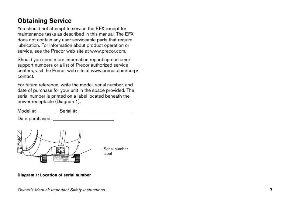 Obtaining service | Precor Elliptical Fitness Crosstrainer EFX User Manual | Page 23 / 58