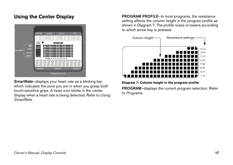 Using the center display, Owner’s manual: display console 17 | Precor Elliptical Fitness Crosstrainer EFX User Manual | Page 33 / 58