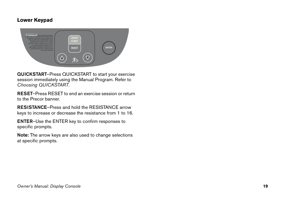 Lower keypad, Owner’s manual: display console 19 | Precor Elliptical Fitness Crosstrainer EFX User Manual | Page 35 / 58