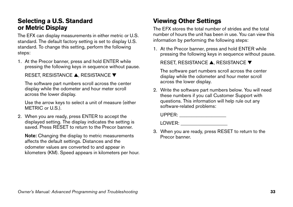 Selecting a u.s. standard or metric display, Viewing other settings | Precor Elliptical Fitness Crosstrainer EFX User Manual | Page 49 / 58