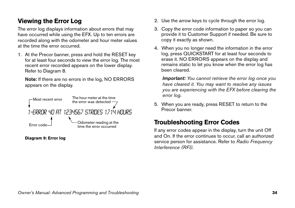 Viewing the error log, Troubleshooting error codes, Viewing the error log troubleshooting error codes | Precor Elliptical Fitness Crosstrainer EFX User Manual | Page 50 / 58