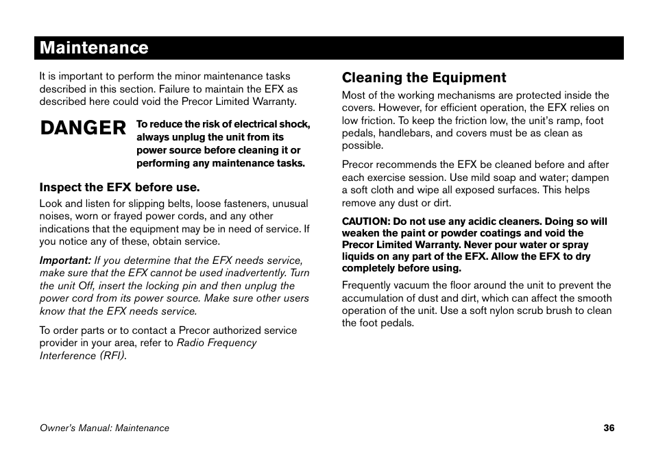 Maintenance, Cleaning the equipment, Danger | Precor Elliptical Fitness Crosstrainer EFX User Manual | Page 52 / 58