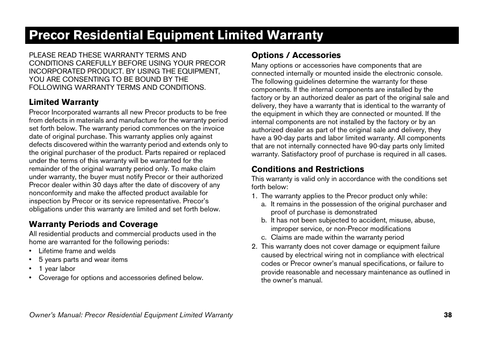 Precor residential equipment limited warranty | Precor Elliptical Fitness Crosstrainer EFX User Manual | Page 54 / 58