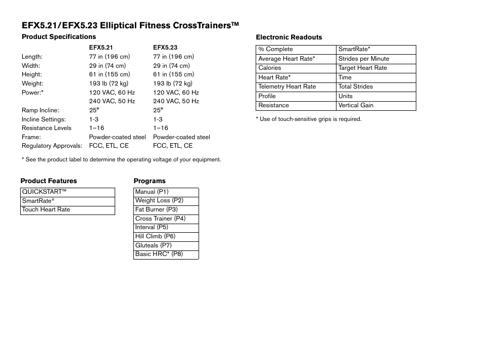 Efx5.21/efx5.23 elliptical fitness crosstrainers, Product specifications, Product features | Programs, Electronic readouts | Precor Elliptical Fitness Crosstrainer EFX User Manual | Page 57 / 58