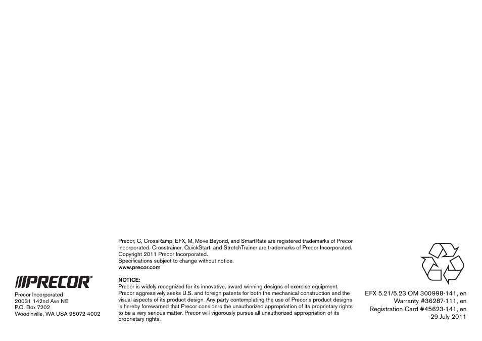 Precor Elliptical Fitness Crosstrainer EFX User Manual | Page 58 / 58