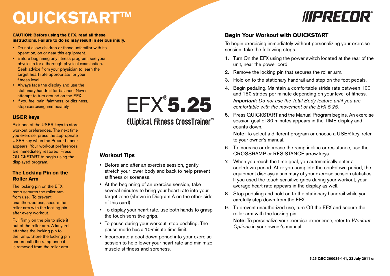 300089-141 quickstart™ guide, Quickstart | Precor EFX 5.25 User Manual | Page 13 / 64