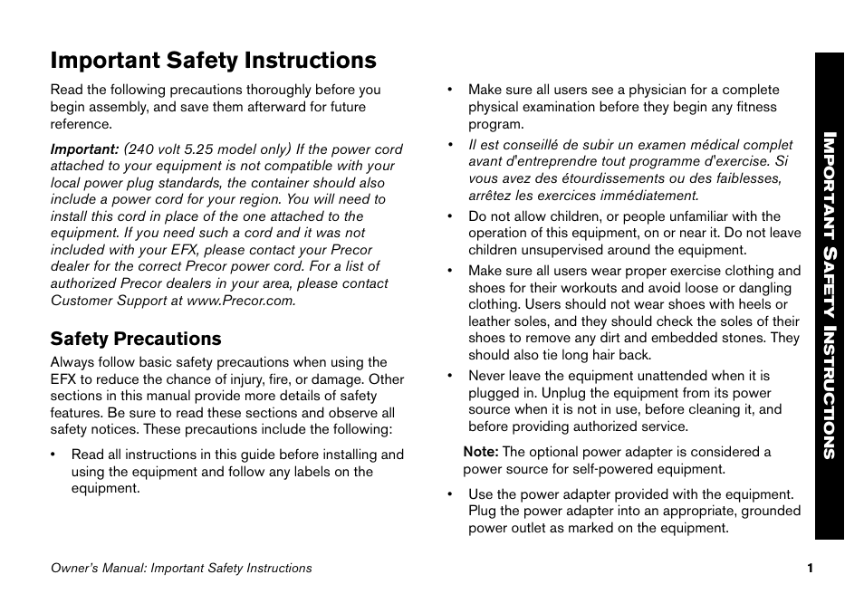 Important safety instructions, Safety precautions | Precor EFX 5.25 User Manual | Page 17 / 64