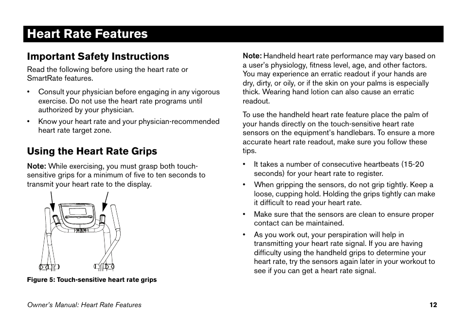 Heart rate features, Important safety instructions, Using the heart rate grips | Precor EFX 5.25 User Manual | Page 28 / 64