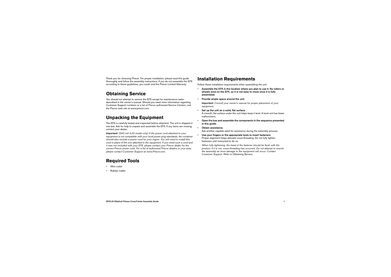 Obtaining service, Unpacking the equipment, Required tools | Installation requirements | Precor EFX 5.25 User Manual | Page 3 / 64