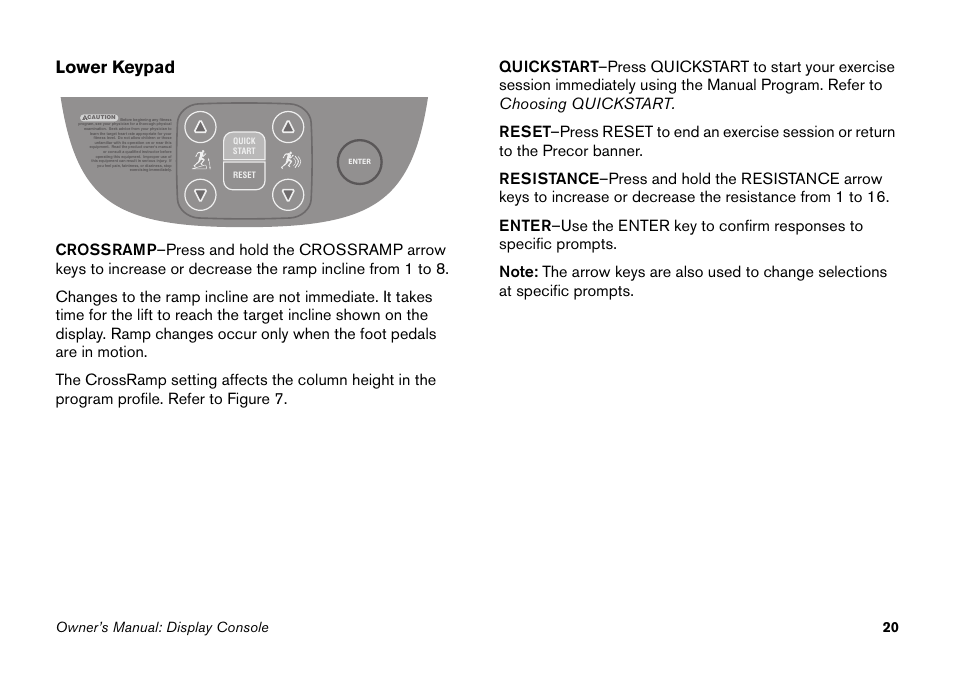 Lower keypad, Owner’s manual: display console 20 | Precor EFX 5.25 User Manual | Page 36 / 64