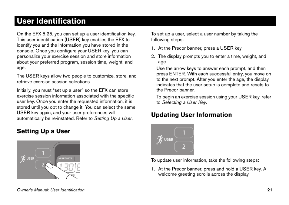 User identification, Setting up a user, Updating user information | Setting up a user updating user information | Precor EFX 5.25 User Manual | Page 37 / 64