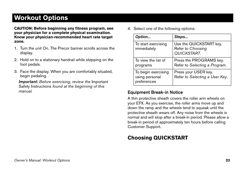 Workout options, Choosing quickstart | Precor EFX 5.25 User Manual | Page 39 / 64