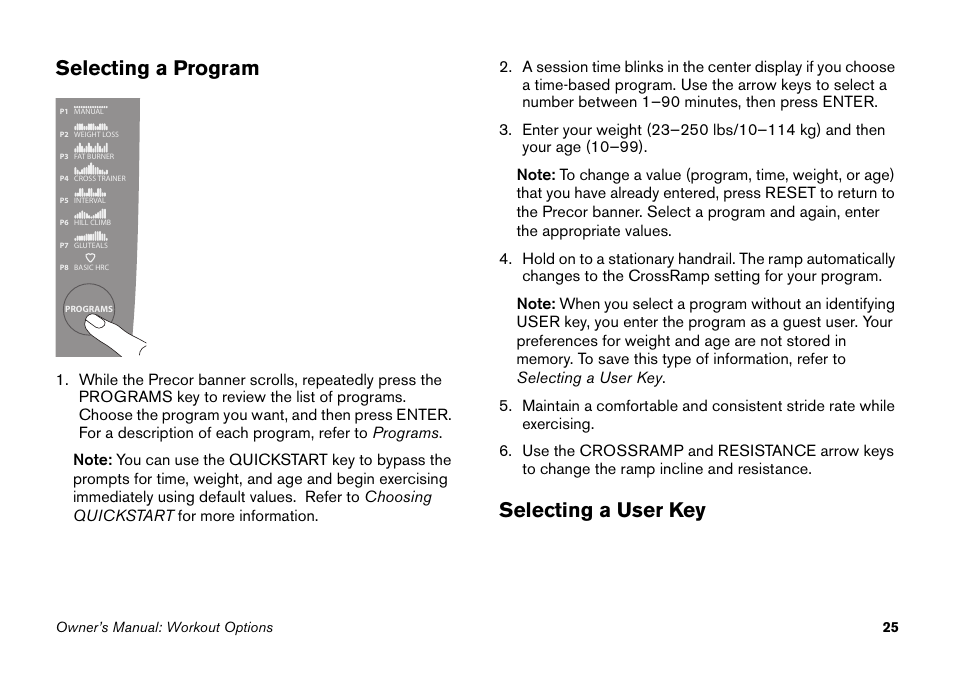 Selecting a program, Selecting a user key, Selecting a program selecting a user key | Precor EFX 5.25 User Manual | Page 41 / 64