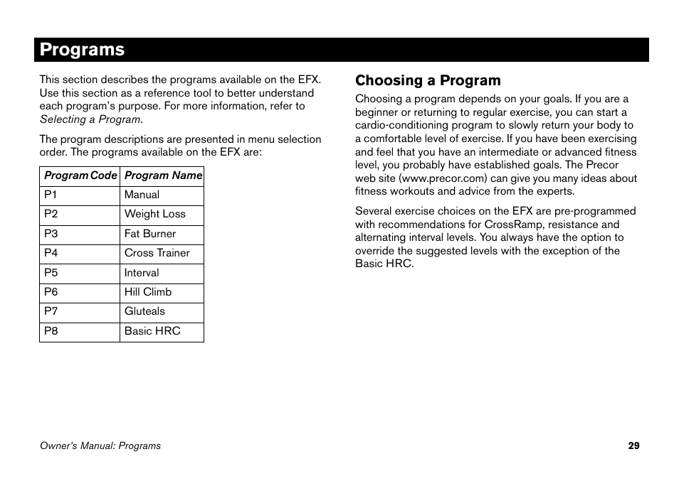 Programs, Choosing a program | Precor EFX 5.25 User Manual | Page 45 / 64