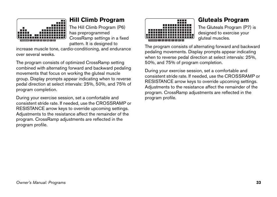 Hill climb program, Gluteals program, Hill climb program gluteals program | Precor EFX 5.25 User Manual | Page 49 / 64